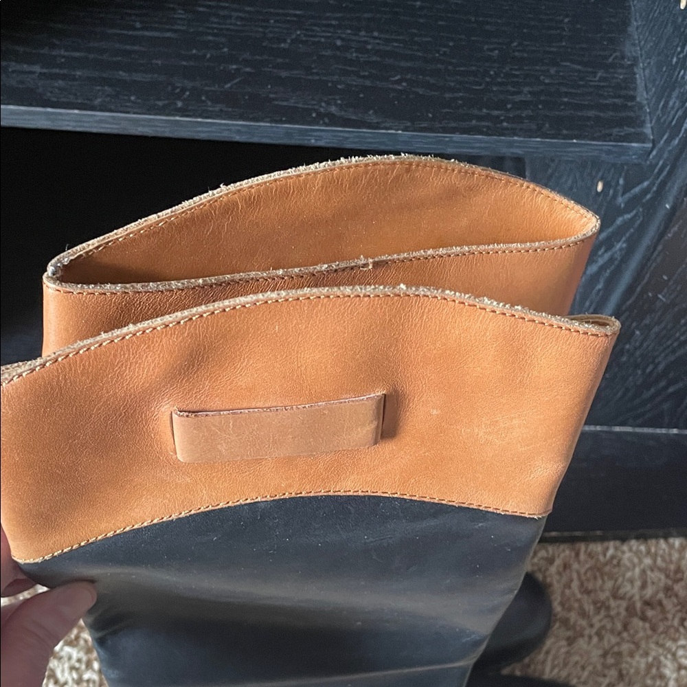Rachel Zoe Black Leather Riding Buckle Boots with Tan Trim - Picture 5 of 11